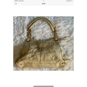BCBG Max Azria Cream/Yellow Tooled Leather Double Handled Shoulder Purse/Bag